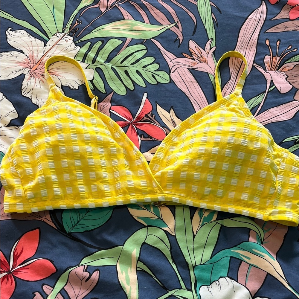 Yellow and white gingham print bikini top